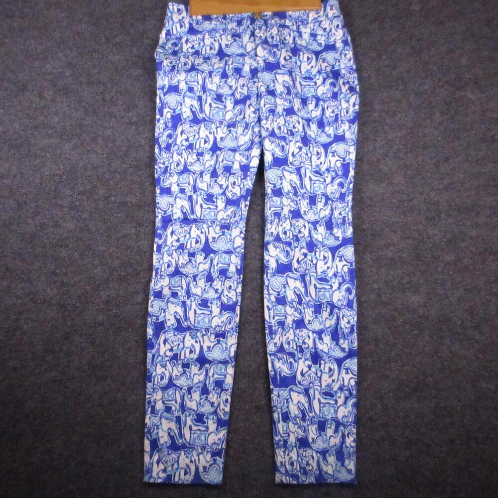 Lilly Pulitzer Pants Womens 00 Blue Elephant Print Skinny Twill Chino Stretch